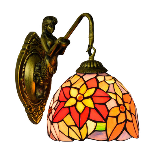 Orange Red Flower Wall Light Fixture Tiffany 1 Head Multicolor Stained Glass Sconce Light Clearhalo 'Industrial' 'Middle century wall lights' 'Tiffany wall lights' 'Tiffany' 'Wall Lamps & Sconces' 'Wall Lights' Lighting' 176157