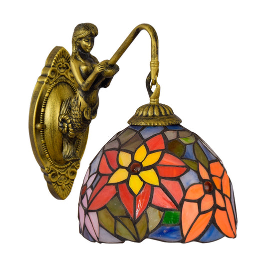 Orange Red Flower Wall Light Fixture Tiffany 1 Head Multicolor Stained Glass Sconce Light Clearhalo 'Industrial' 'Middle century wall lights' 'Tiffany wall lights' 'Tiffany' 'Wall Lamps & Sconces' 'Wall Lights' Lighting' 176158