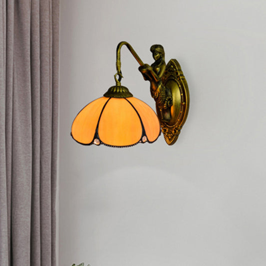 Antique Brass Petal Wall Light Fixture Tiffany 1 Head Yellow Glass Sconce Light with Mermaid Decoration Yellow Clearhalo 'Industrial' 'Middle century wall lights' 'Tiffany wall lights' 'Tiffany' 'Wall Lamps & Sconces' 'Wall Lights' Lighting' 176160