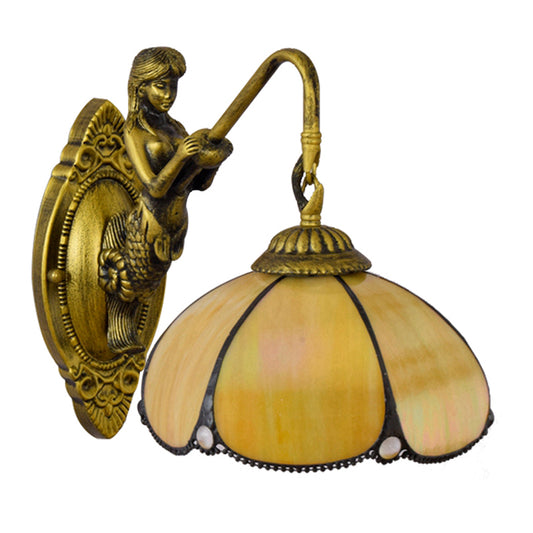 Antique Brass Petal Wall Light Fixture Tiffany 1 Head Yellow Glass Sconce Light with Mermaid Decoration Clearhalo 'Industrial' 'Middle century wall lights' 'Tiffany wall lights' 'Tiffany' 'Wall Lamps & Sconces' 'Wall Lights' Lighting' 176163