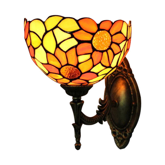 Stained Glass Sunflower Wall Sconce Kitchen 1 Head Rustic Tiffany Wall Lamp in Orange Clearhalo 'Industrial' 'Middle century wall lights' 'Tiffany wall lights' 'Tiffany' 'Wall Lamps & Sconces' 'Wall Lights' Lighting' 176167