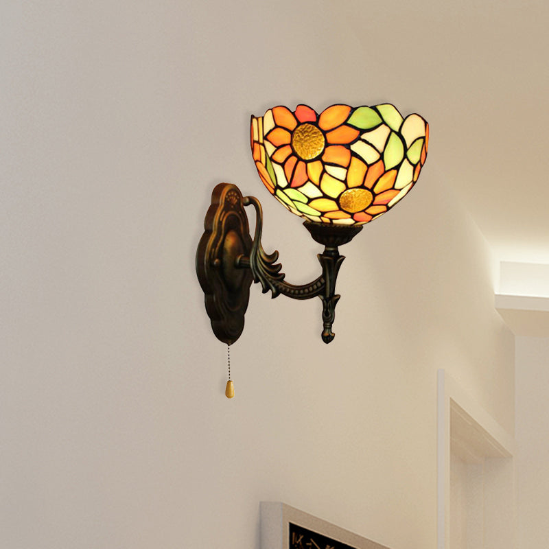 Stained Glass Sunflower Sconce Light 1 Light Rustic Tiffany Wall Lamp in Orange for Library Clearhalo 'Industrial' 'Middle century wall lights' 'Tiffany wall lights' 'Tiffany' 'Wall Lamps & Sconces' 'Wall Lights' Lighting' 176171