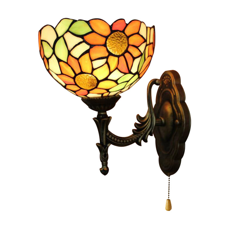 Stained Glass Sunflower Sconce Light 1 Light Rustic Tiffany Wall Lamp in Orange for Library Clearhalo 'Industrial' 'Middle century wall lights' 'Tiffany wall lights' 'Tiffany' 'Wall Lamps & Sconces' 'Wall Lights' Lighting' 176172