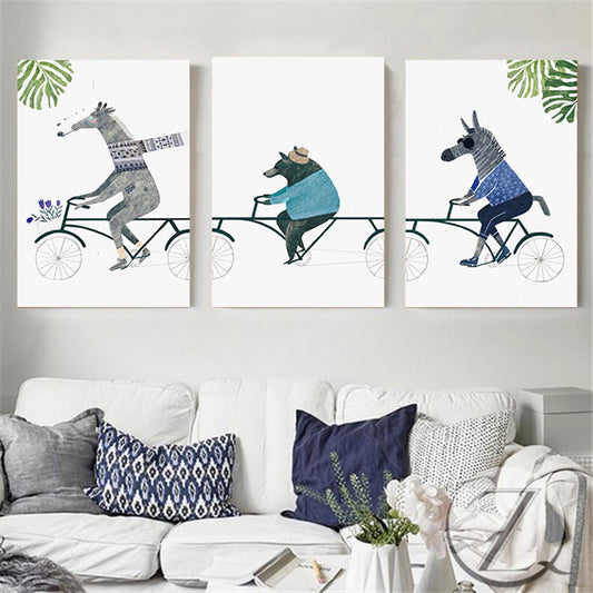 Animals Riding Bicycle Canvas Textured Cartoon Childrens Room Wall Art, Multi-Piece White Clearhalo 'Art Gallery' 'Canvas Art' 'Kids' Arts' 1761727