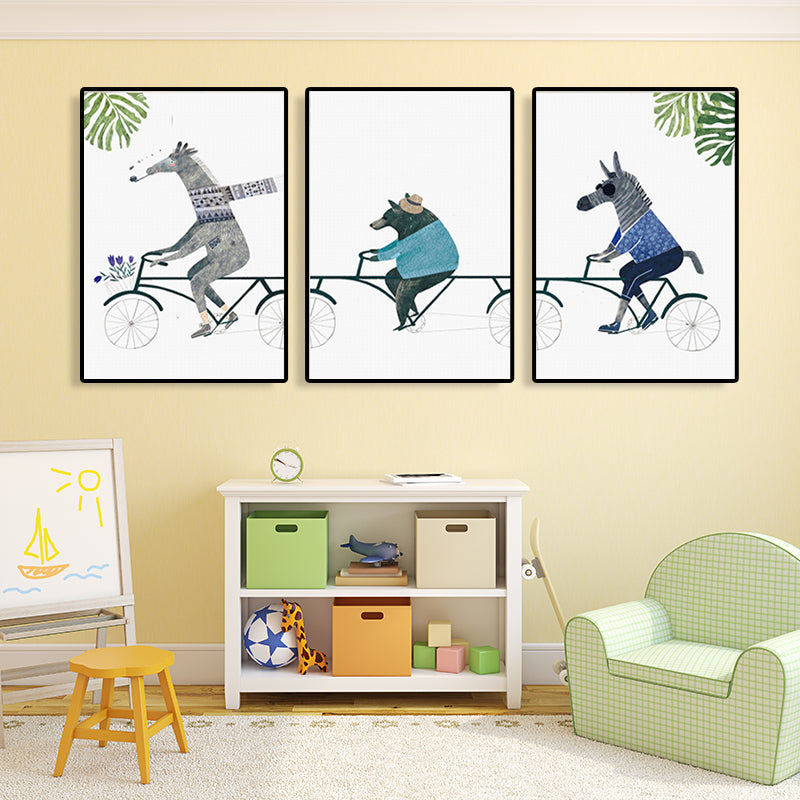 Animals Riding Bicycle Canvas Textured Cartoon Childrens Room Wall Art, Multi-Piece Clearhalo 'Art Gallery' 'Canvas Art' 'Kids' Arts' 1761728