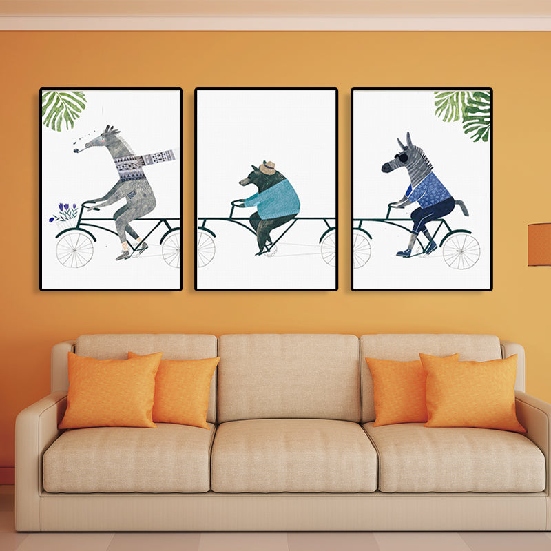 Animals Riding Bicycle Canvas Textured Cartoon Childrens Room Wall Art, Multi-Piece Clearhalo 'Art Gallery' 'Canvas Art' 'Kids' Arts' 1761729