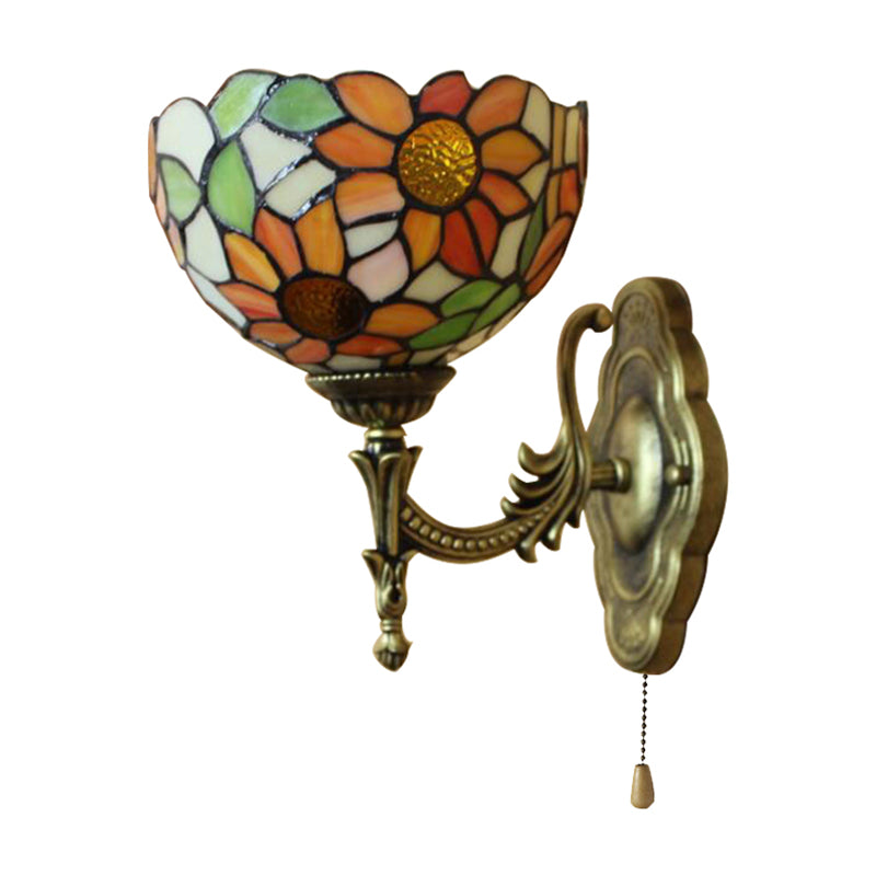 Stained Glass Sunflower Sconce Light 1 Light Rustic Tiffany Wall Lamp in Orange for Library Clearhalo 'Industrial' 'Middle century wall lights' 'Tiffany wall lights' 'Tiffany' 'Wall Lamps & Sconces' 'Wall Lights' Lighting' 176173