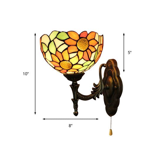 Stained Glass Sunflower Sconce Light 1 Light Rustic Tiffany Wall Lamp in Orange for Library Clearhalo 'Industrial' 'Middle century wall lights' 'Tiffany wall lights' 'Tiffany' 'Wall Lamps & Sconces' 'Wall Lights' Lighting' 176174