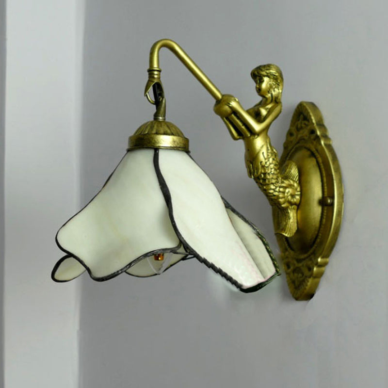 1 Head Petal Wall Mount Lighting Tiffany Blue/Clear/Pink Glass Sconce Light Fixture with Mermaid Backplate Clearhalo 'Industrial' 'Middle century wall lights' 'Tiffany wall lights' 'Tiffany' 'Wall Lamps & Sconces' 'Wall Lights' Lighting' 176175