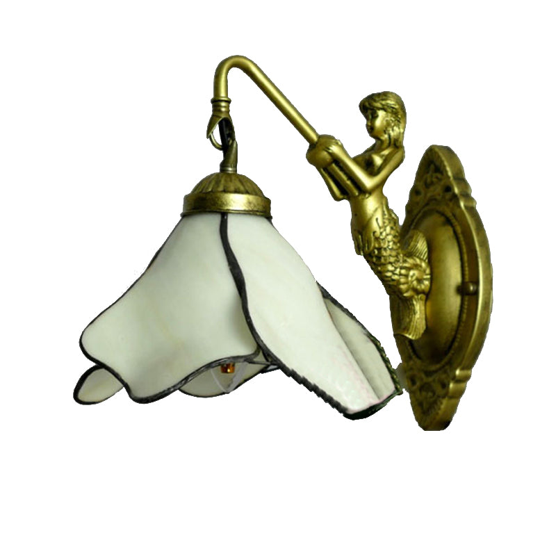 1 Head Petal Wall Mount Lighting Tiffany Blue/Clear/Pink Glass Sconce Light Fixture with Mermaid Backplate Clearhalo 'Industrial' 'Middle century wall lights' 'Tiffany wall lights' 'Tiffany' 'Wall Lamps & Sconces' 'Wall Lights' Lighting' 176177