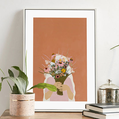 Girl Holding Bouquet Drawing Canvas Textured Nordic Bedroom Wall Art Print in Orange Orange Clearhalo 'Arts' 'Canvas Art' 1761782