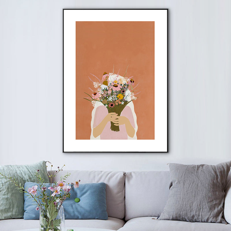 Girl Holding Bouquet Drawing Canvas Textured Nordic Bedroom Wall Art Print in Orange Clearhalo 'Arts' 'Canvas Art' 1761783