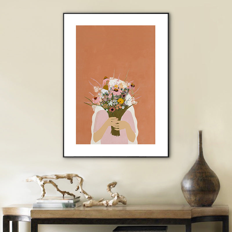 Girl Holding Bouquet Drawing Canvas Textured Nordic Bedroom Wall Art Print in Orange Clearhalo 'Arts' 'Canvas Art' 1761784