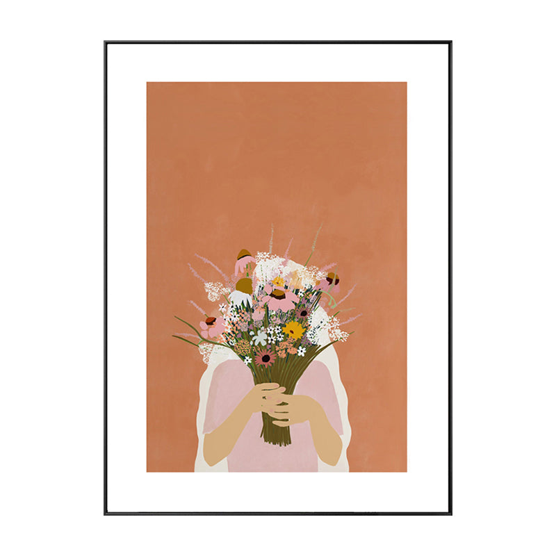 Girl Holding Bouquet Drawing Canvas Textured Nordic Bedroom Wall Art Print in Orange Clearhalo 'Arts' 'Canvas Art' 1761785