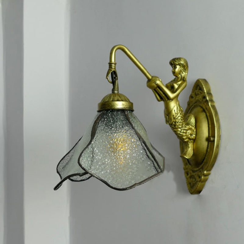 1 Head Petal Wall Mount Lighting Tiffany Blue/Clear/Pink Glass Sconce Light Fixture with Mermaid Backplate Clearhalo 'Industrial' 'Middle century wall lights' 'Tiffany wall lights' 'Tiffany' 'Wall Lamps & Sconces' 'Wall Lights' Lighting' 176179