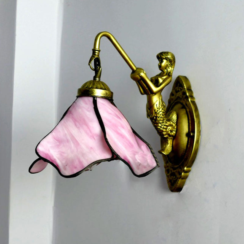 1 Head Petal Wall Mount Lighting Tiffany Blue/Clear/Pink Glass Sconce Light Fixture with Mermaid Backplate Clearhalo 'Industrial' 'Middle century wall lights' 'Tiffany wall lights' 'Tiffany' 'Wall Lamps & Sconces' 'Wall Lights' Lighting' 176181