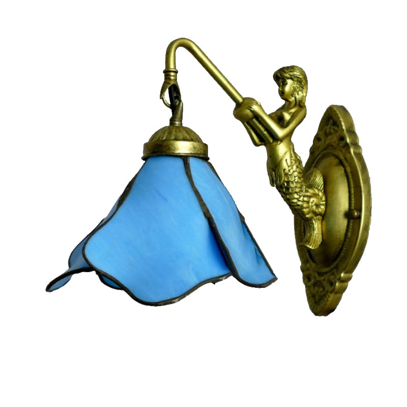 1 Head Petal Wall Mount Lighting Tiffany Blue/Clear/Pink Glass Sconce Light Fixture with Mermaid Backplate Blue Clearhalo 'Industrial' 'Middle century wall lights' 'Tiffany wall lights' 'Tiffany' 'Wall Lamps & Sconces' 'Wall Lights' Lighting' 176185