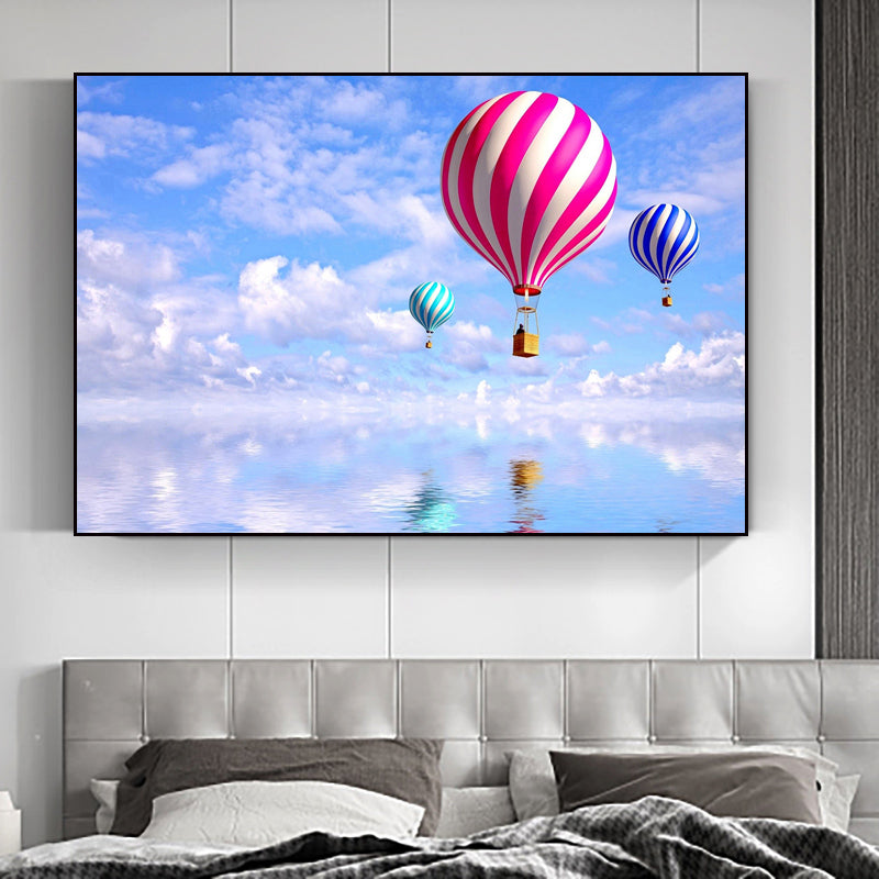 Canvas Pastel Wall Art Cartoon Scenery with Hot Air Balloon Wall Decor for Bedroom Blue Clearhalo 'Art Gallery' 'Canvas Art' 'Kids' Arts' 1761865
