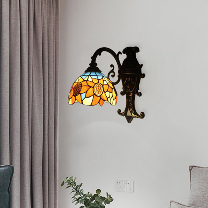 Rustic Tiffany Sunflower Sconce Lamp 1 Head Stained Glass Wall Light in Orange for Bedroom Orange Clearhalo 'Industrial' 'Middle century wall lights' 'Tiffany wall lights' 'Tiffany' 'Wall Lamps & Sconces' 'Wall Lights' Lighting' 176187
