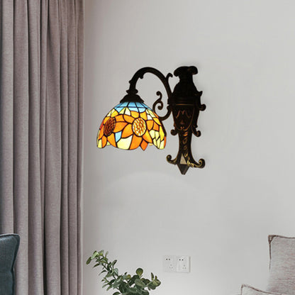 Rustic Tiffany Sunflower Sconce Lamp 1 Head Stained Glass Wall Light in Orange for Bedroom Orange Clearhalo 'Industrial' 'Middle century wall lights' 'Tiffany wall lights' 'Tiffany' 'Wall Lamps & Sconces' 'Wall Lights' Lighting' 176187
