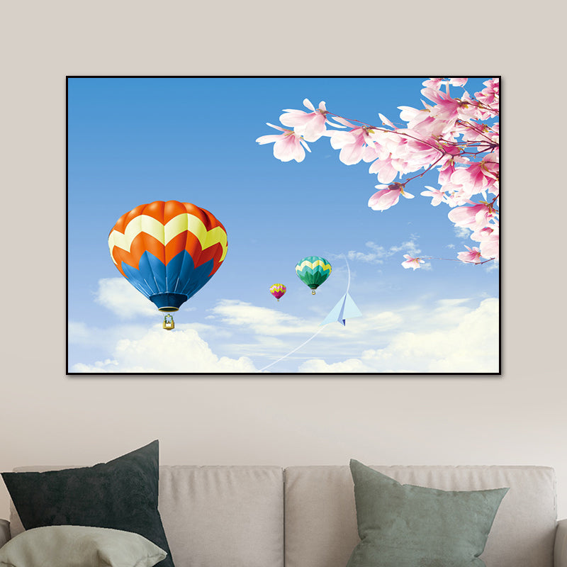 Canvas Pastel Wall Art Cartoon Scenery with Hot Air Balloon Wall Decor for Bedroom Sky Blue Clearhalo 'Art Gallery' 'Canvas Art' 'Kids' Arts' 1761872