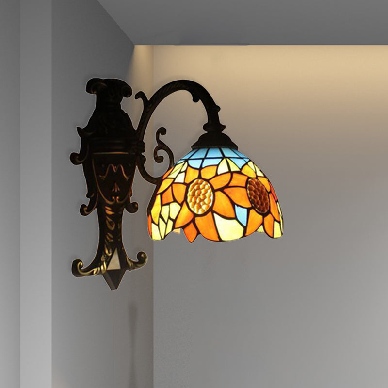 Rustic Tiffany Sunflower Sconce Lamp 1 Head Stained Glass Wall Light in Orange for Bedroom Clearhalo 'Industrial' 'Middle century wall lights' 'Tiffany wall lights' 'Tiffany' 'Wall Lamps & Sconces' 'Wall Lights' Lighting' 176188
