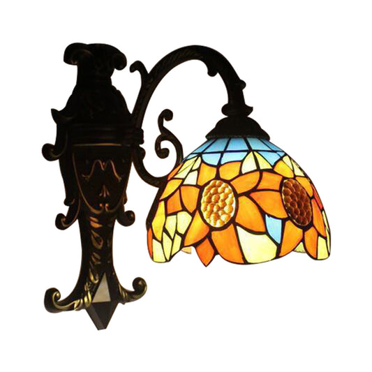 Rustic Tiffany Sunflower Sconce Lamp 1 Head Stained Glass Wall Light in Orange for Bedroom Clearhalo 'Industrial' 'Middle century wall lights' 'Tiffany wall lights' 'Tiffany' 'Wall Lamps & Sconces' 'Wall Lights' Lighting' 176189