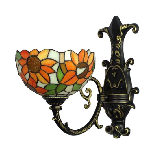 Rustic Tiffany Orange Wall Light Sunflower Single Bulb Stained Glass Sconce Lamp for Bedroom Clearhalo 'Industrial' 'Middle century wall lights' 'Tiffany wall lights' 'Tiffany' 'Wall Lamps & Sconces' 'Wall Lights' Lighting' 176195