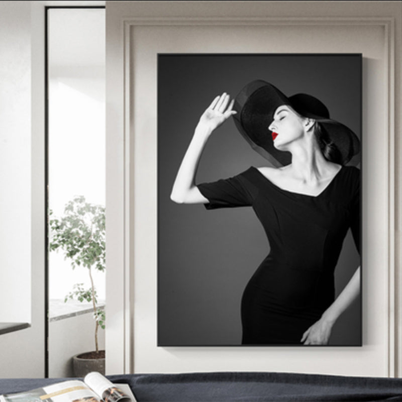 Photographic Fashion Wall Art Decor Glam Elegant Lady Canvas Print in Black and White - Black - Clearhalo - 'Arts' - 'Canvas Art' - 1761961