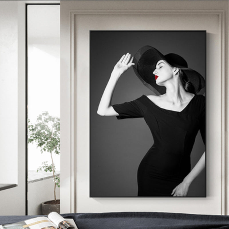 Photographic Fashion Wall Art Decor Glam Elegant Lady Canvas Print in Black and White Black Clearhalo 'Arts' 'Canvas Art' 1761961