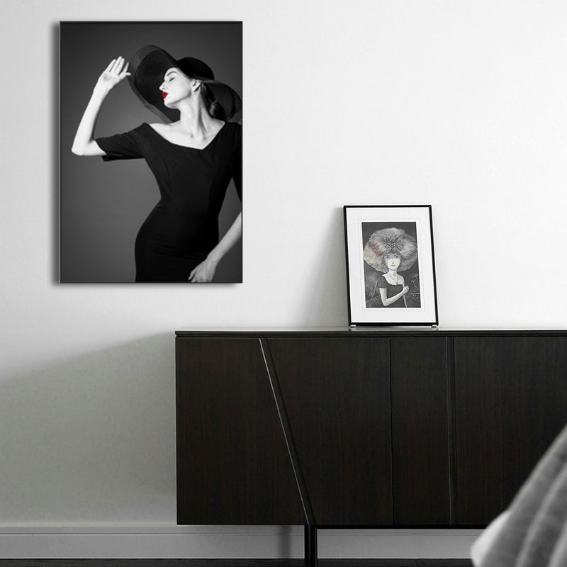 Photographic Fashion Wall Art Decor Glam Elegant Lady Canvas Print in Black and White Clearhalo 'Arts' 'Canvas Art' 1761963