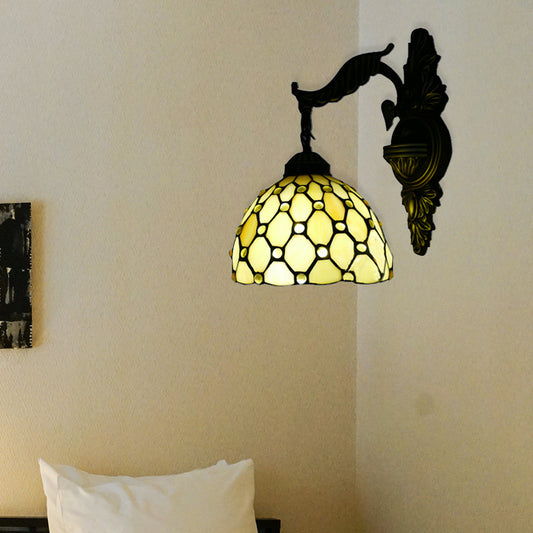 Beige Lattice Dome Wall Light with Carved Arm 1 Head Tiffany Traditional Glass Sconce Light for Hallway Clearhalo 'Industrial' 'Middle century wall lights' 'Tiffany wall lights' 'Tiffany' 'Wall Lamps & Sconces' 'Wall Lights' Lighting' 176198