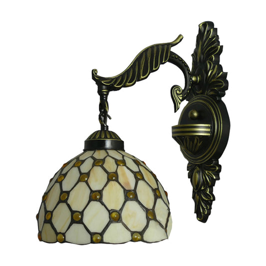 Beige Lattice Dome Wall Light with Carved Arm 1 Head Tiffany Traditional Glass Sconce Light for Hallway Clearhalo 'Industrial' 'Middle century wall lights' 'Tiffany wall lights' 'Tiffany' 'Wall Lamps & Sconces' 'Wall Lights' Lighting' 176200