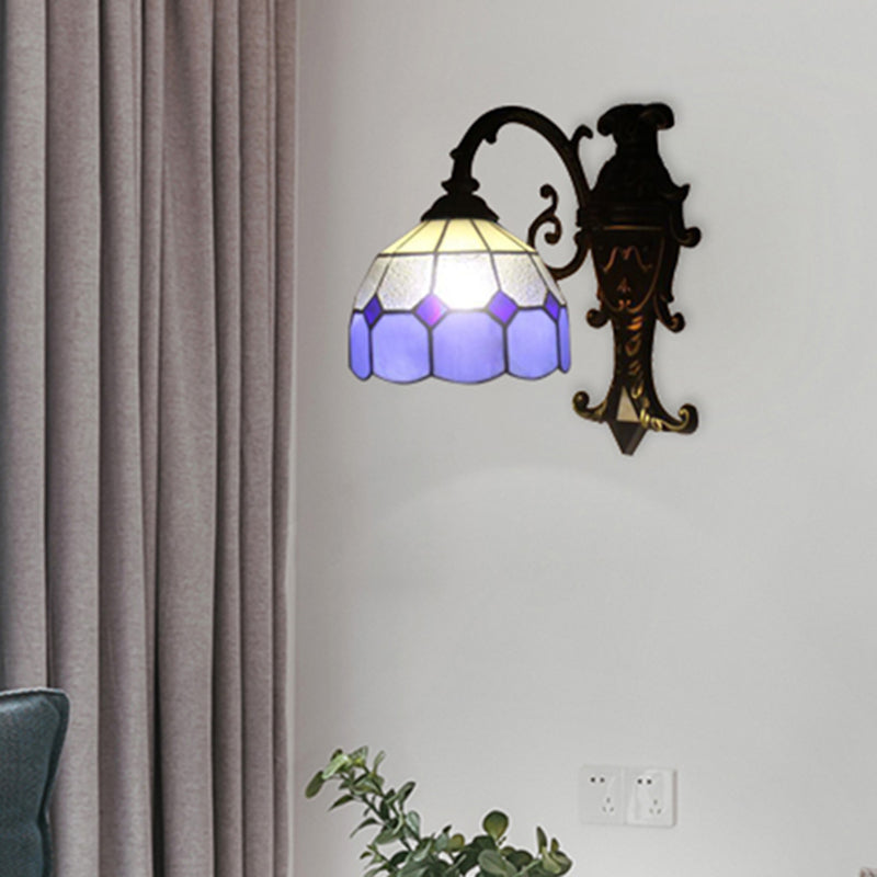1 Light Grid Dome Wall Sconce Tiffany Vintage Glass Wall Light in Blue for Dining Room Blue Clearhalo 'Industrial' 'Middle century wall lights' 'Tiffany wall lights' 'Tiffany' 'Wall Lamps & Sconces' 'Wall Lights' Lighting' 176202