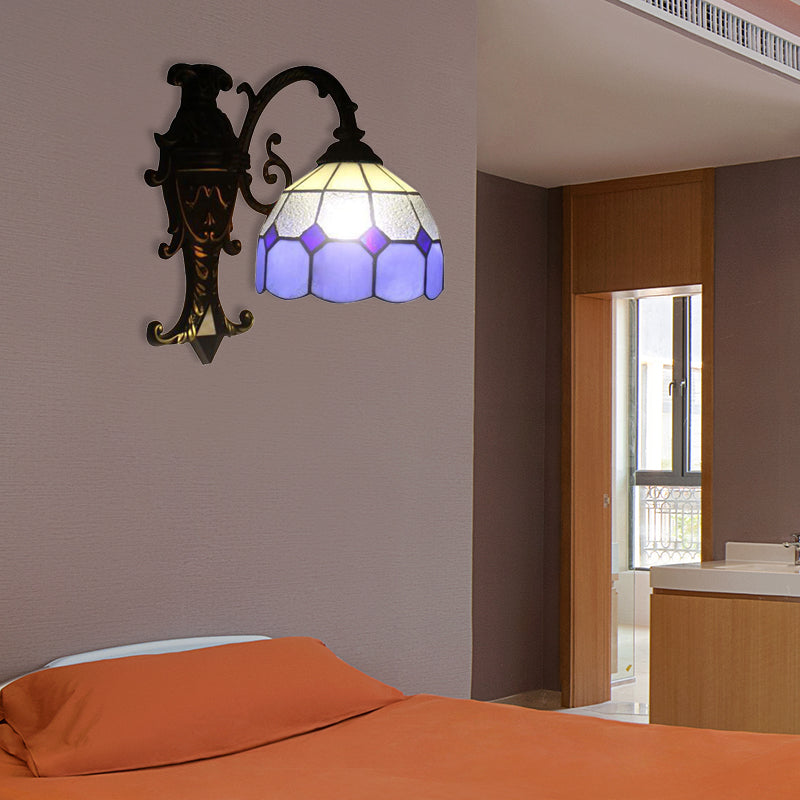 1 Light Grid Dome Wall Sconce Tiffany Vintage Glass Wall Light in Blue for Dining Room Clearhalo 'Industrial' 'Middle century wall lights' 'Tiffany wall lights' 'Tiffany' 'Wall Lamps & Sconces' 'Wall Lights' Lighting' 176203