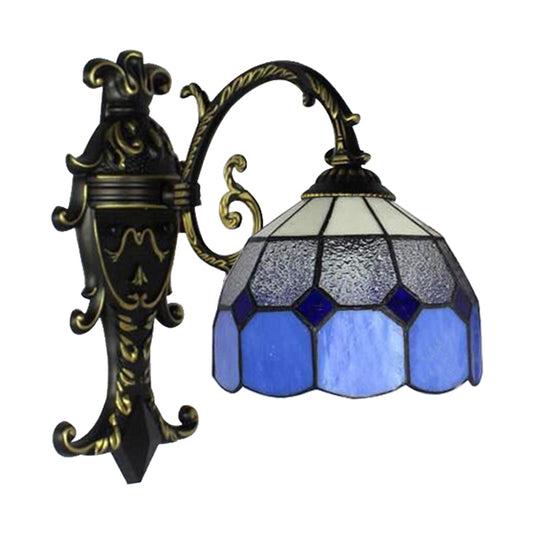 1 Light Grid Dome Wall Sconce Tiffany Vintage Glass Wall Light in Blue for Dining Room Clearhalo 'Industrial' 'Middle century wall lights' 'Tiffany wall lights' 'Tiffany' 'Wall Lamps & Sconces' 'Wall Lights' Lighting' 176205