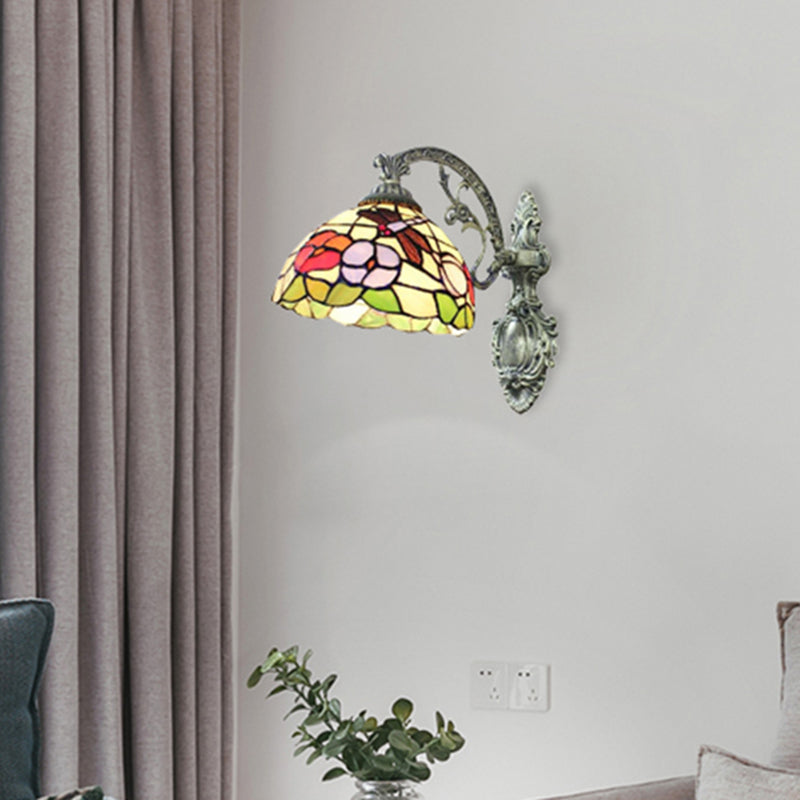 Carved Base Restaurant Wall Light with Petal Stained Glass 1 Light Tiffany Rustic Sconce Light Blue-Yellow-Green Clearhalo 'Industrial' 'Middle century wall lights' 'Tiffany wall lights' 'Tiffany' 'Wall Lamps & Sconces' 'Wall Lights' Lighting' 176207