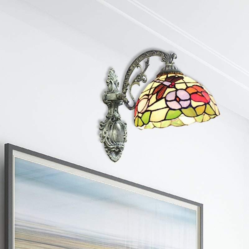 Carved Base Restaurant Wall Light with Petal Stained Glass 1 Light Tiffany Rustic Sconce Light Clearhalo 'Industrial' 'Middle century wall lights' 'Tiffany wall lights' 'Tiffany' 'Wall Lamps & Sconces' 'Wall Lights' Lighting' 176208