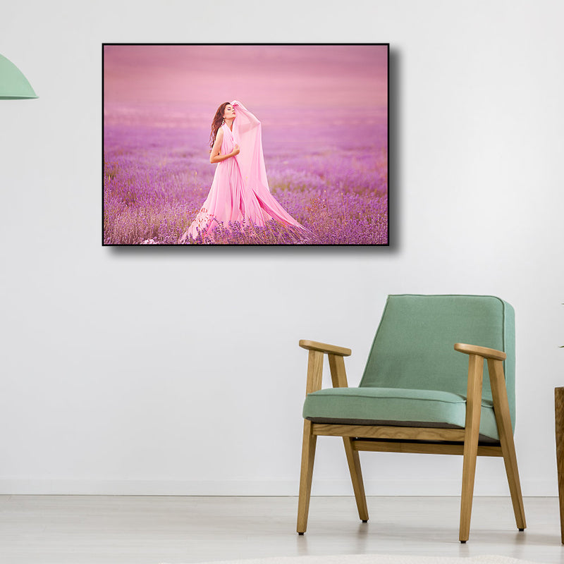 Pink Modern Style Canvas Print Photography Woman in Lavender Field Wall Art for Room Pink Clearhalo 'Art Gallery' 'Canvas Art' 'Contemporary Art Gallery' 'Modern' Arts' 1762083