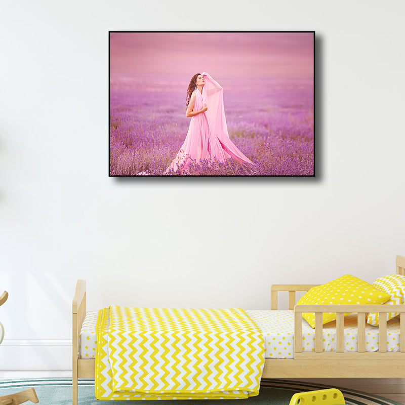 Pink Modern Style Canvas Print Photography Woman in Lavender Field Wall Art for Room Clearhalo 'Art Gallery' 'Canvas Art' 'Contemporary Art Gallery' 'Modern' Arts' 1762084