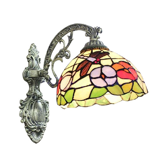 Carved Base Restaurant Wall Light with Petal Stained Glass 1 Light Tiffany Rustic Sconce Light Clearhalo 'Industrial' 'Middle century wall lights' 'Tiffany wall lights' 'Tiffany' 'Wall Lamps & Sconces' 'Wall Lights' Lighting' 176209
