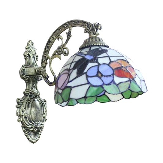 Carved Base Restaurant Wall Light with Petal Stained Glass 1 Light Tiffany Rustic Sconce Light Clearhalo 'Industrial' 'Middle century wall lights' 'Tiffany wall lights' 'Tiffany' 'Wall Lamps & Sconces' 'Wall Lights' Lighting' 176210