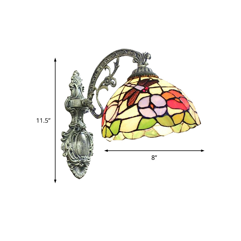 Carved Base Restaurant Wall Light with Petal Stained Glass 1 Light Tiffany Rustic Sconce Light Clearhalo 'Industrial' 'Middle century wall lights' 'Tiffany wall lights' 'Tiffany' 'Wall Lamps & Sconces' 'Wall Lights' Lighting' 176211