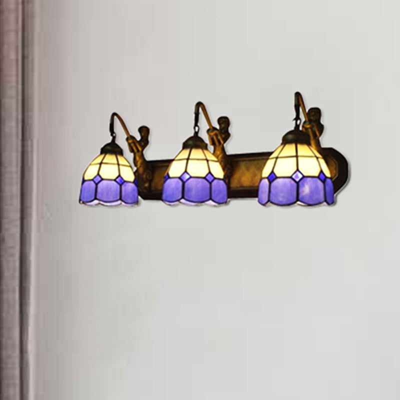 Blue Glass Grid Patterned Sconce Light Tiffany 3 Heads Antique Brass Wall Mounted Light Blue Clearhalo 'Industrial' 'Middle century wall lights' 'Tiffany wall lights' 'Tiffany' 'Wall Lamps & Sconces' 'Wall Lights' Lighting' 176212