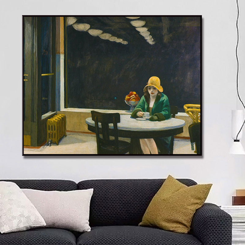 Nordic Figure Canvas Wall Art Black Woman Waiting in Cafe Painting for Sitting Room Black Clearhalo 'Arts' 'Canvas Art' 1762143