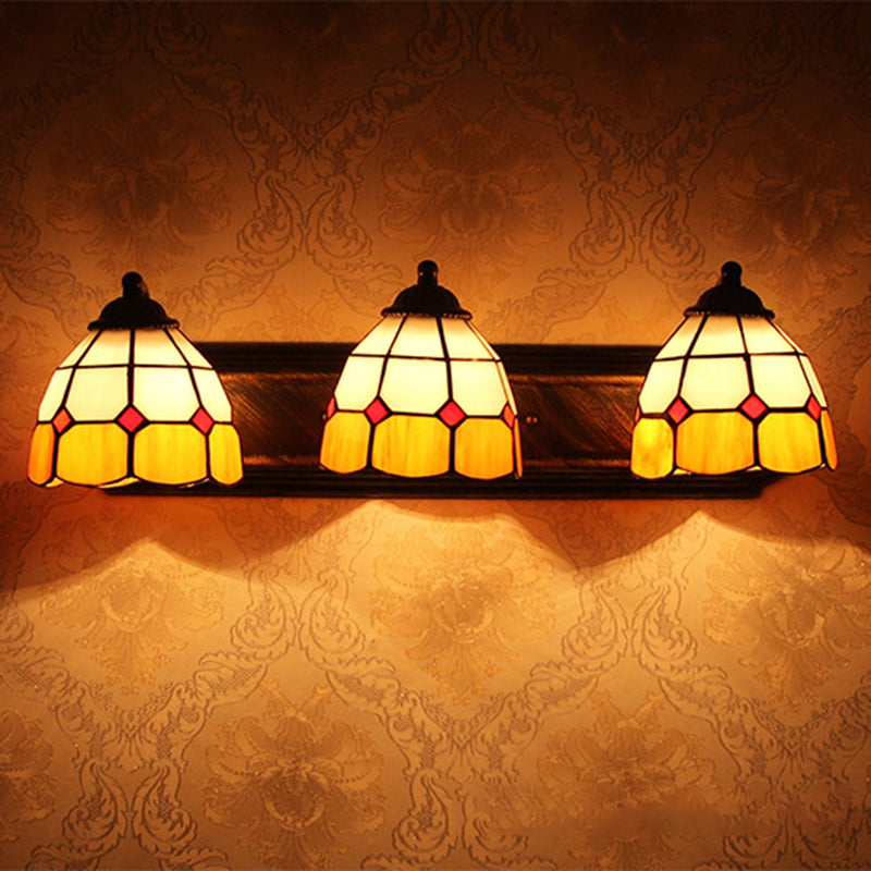 Grid Patterned Wall Mount Light Tiffany Orange and White Glass 3 Heads Bronze Sconce Light Orange Clearhalo 'Industrial' 'Middle century wall lights' 'Tiffany wall lights' 'Tiffany' 'Wall Lamps & Sconces' 'Wall Lights' Lighting' 176217