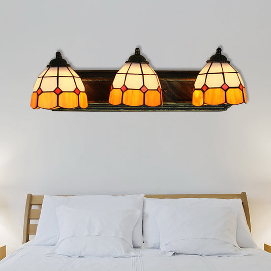 Grid Patterned Wall Mount Light Tiffany Orange and White Glass 3 Heads Bronze Sconce Light Clearhalo 'Industrial' 'Middle century wall lights' 'Tiffany wall lights' 'Tiffany' 'Wall Lamps & Sconces' 'Wall Lights' Lighting' 176218