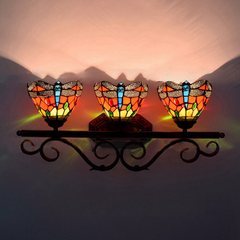 Stained Glass Dragonfly Wall Light Restaurant 3 Lights Tiffany Vintage Wall Lamp in Orange Orange Clearhalo 'Industrial' 'Middle century wall lights' 'Tiffany wall lights' 'Tiffany' 'Wall Lamps & Sconces' 'Wall Lights' Lighting' 176227