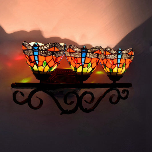 Stained Glass Dragonfly Wall Light Restaurant 3 Lights Tiffany Vintage Wall Lamp in Orange Clearhalo 'Industrial' 'Middle century wall lights' 'Tiffany wall lights' 'Tiffany' 'Wall Lamps & Sconces' 'Wall Lights' Lighting' 176228