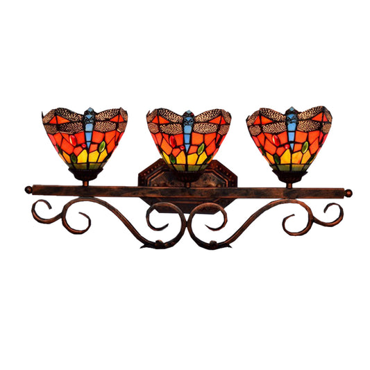 Stained Glass Dragonfly Wall Light Restaurant 3 Lights Tiffany Vintage Wall Lamp in Orange Clearhalo 'Industrial' 'Middle century wall lights' 'Tiffany wall lights' 'Tiffany' 'Wall Lamps & Sconces' 'Wall Lights' Lighting' 176229